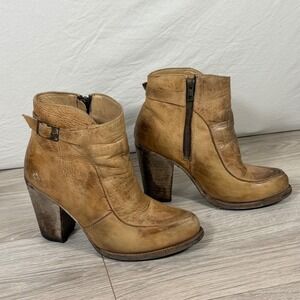 Bed Stu Distressed Tan Isla Leather Ankle Boots Block Heel Side Zip 8078 Size 8